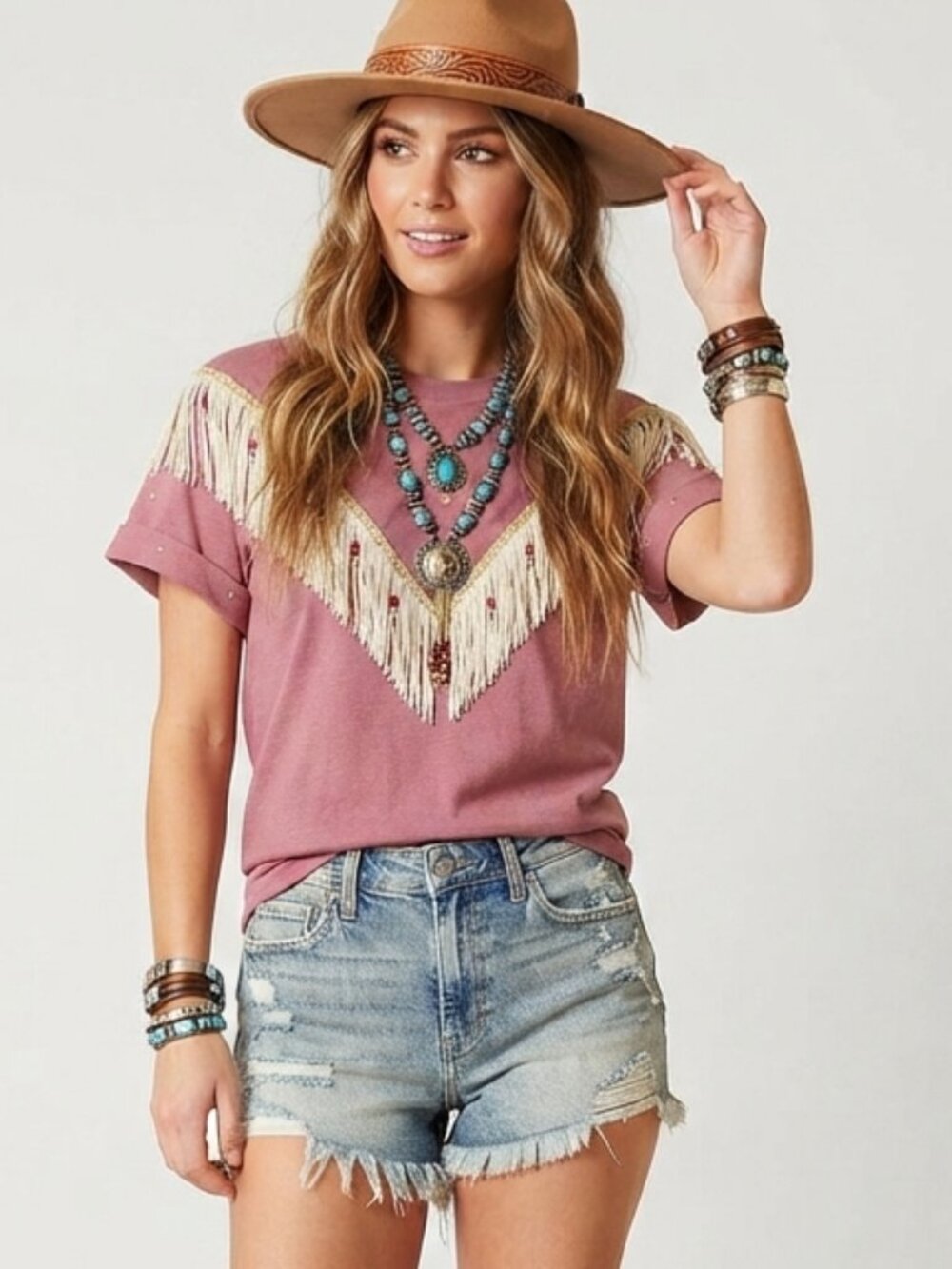 Deadstock Vintage 90s Hazelwoods L Pink Fringe Western T Shirt Cotton Rodeo